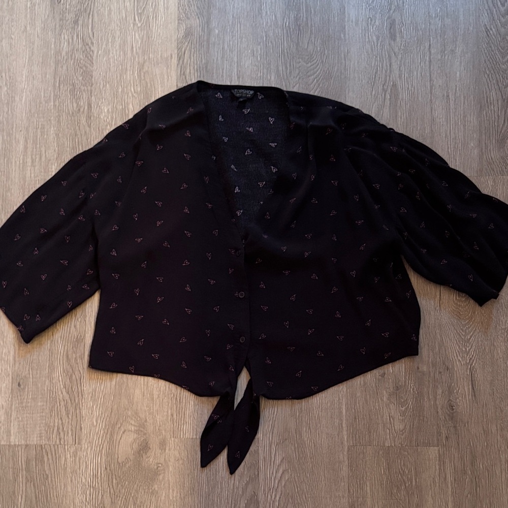 Topshop Black Blouse with Tie-Front and Pattern